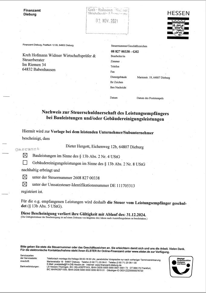 Nachweis zur Steuerschuldnerschaft